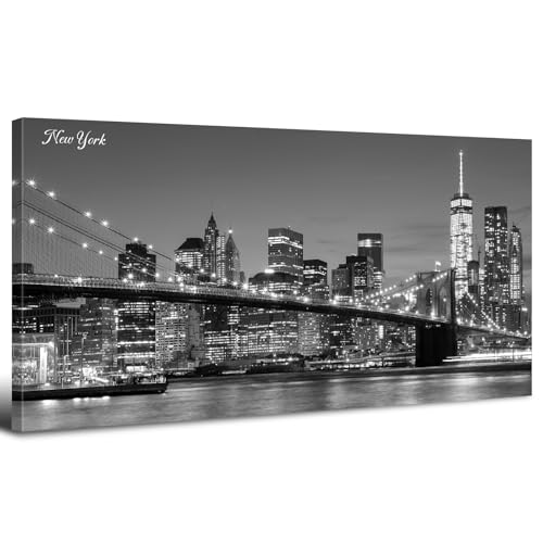 New York Wall Art for Living Room Brooklyn Bridge Canvas Prints Black and White Manhattan Night View Posters Modern Cityscape Panoramic Painting Artwork for Bedroom Office Home Decoration 24x48" (48"L x 24"W / New York)