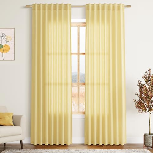 Yellow Linen Blend Drapes 84 Inch Length 2 Panels Set Back Tab Rod Pocket Light Filtering Privacy Semi Sheer Textured Curtain Neutral Farmhouse Decor for Living Room Bedroom Curtains 52x84 (52"W x 84"L (Pack of 2) / Yellow)