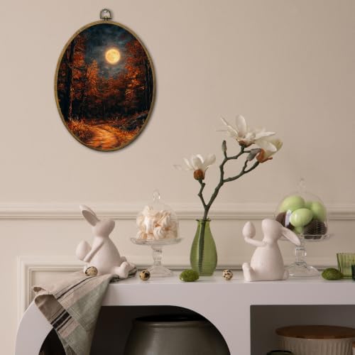 Dark Moody Fall Full Moon Forest Landscape Oval Wall Art Decor Framed (Color01)
