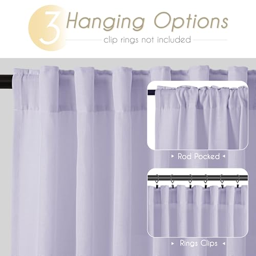 Lavender Back Tab Linen Curtains 102 Inches Length for Bedroom Living Room Semi Sheer Privacy Light Filtering Drapes Farmhouse Boho Texture Window Treatment Sets Violet Purple 52X102 (Purple / 52"W x 102"L (Pack of 2))