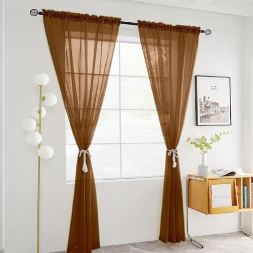 Sheer Voile Window Treatment Rod Pocket Curtain Panels for Kitchen Bedroom Living Room Drapes Sunlight Filtering Privacy Semi Home Decor Assorted (Brown / 52"W x 72"L (Pack of 2))