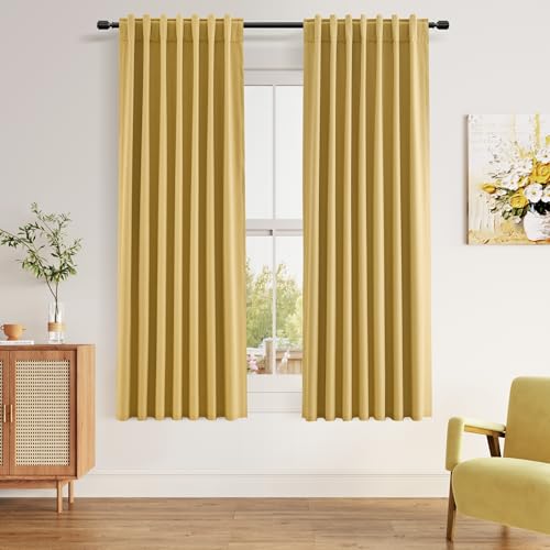 100% Blackout Curtains 63 Inch Length 2 Panels Set for Living Room Bedroom Back Tab Thermal Insulated Black Out Linen Drapes Room Darkening Window Curtains 63 Inches Long (Gold / 52"W x 63"L (Pack of 2))