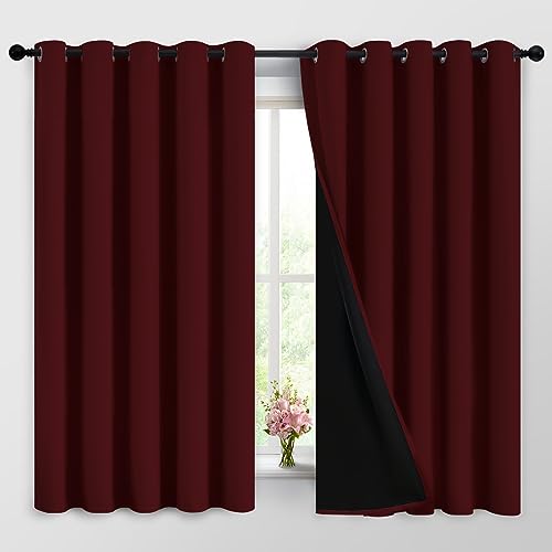 Burgundy Red Blackout Curtains 63 Inches Long for Bedroom 62" Wide (62"W x 63"L (Pack of 2) / Burgundy Red)