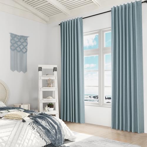 Blue 100% Blackout Linen Curtains 120 Inch Length 2 Panels Set for Living Room Bedroom Back Tab Rod Pocket Thermal Insulated Black Out Drapes Room Darkening Farmhouse Window Curtains 52x120 (Blue / 52"W x 120"L (Pack of 2))