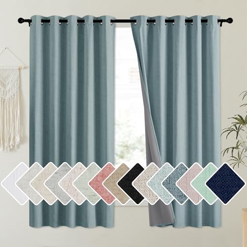 100% Absolutely Blackout Linen Curtains with Thermal Insulated Liner (62"W x 63"L (Pack of 2) / Skylark Blue)