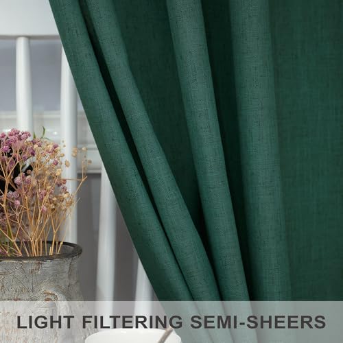 Dark Green Curtains 84 Inch Length for Bedroom 2 Panels Back Tab Pocket Hunter Green Drape Light Filtering Semi Sheer Linen Forest Emerald Green Curtain for Living Room Boho Christmas Decor 52x84 Long (52"W x 84"L (Pack of 2) / Hunter Green)