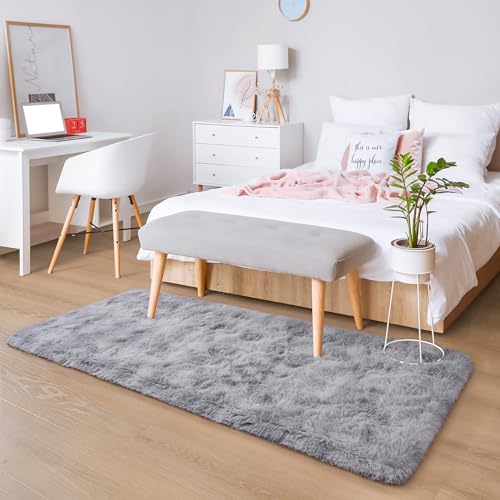 Soft Runner Rug for Bedroom Living Room Plush Fluffy Rugs 2x6 (Grey and White / 2' x 6' (Runner))