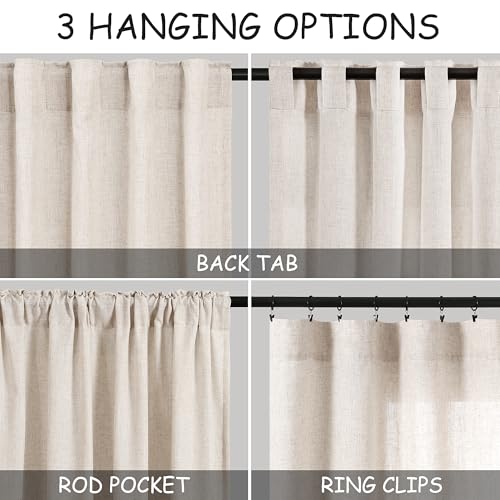 Extra Long Curtain 108 inches Long 2 Panels Set Back Tab Beige Linen Drapes for Living Room Neutral Farmhouse Light Filtering Semi Sheer Linen Curtains 108 inch Length for Large Window Tan 9 FT (52"W x 108"L (Pack of 2) / Linen)