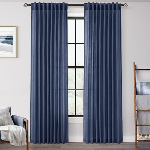 Navy Blue Curtains 120 inch Length for Bedroom Back Tab Light Filtering Semi Sheer Blue Living Room Curtains Linen Cotton Textured Indigo Blue Drapery Panel Modern Aesthetic Decor 60" Wx120" L (Navy Blue / 60"W x 120"L (Pack of 2))