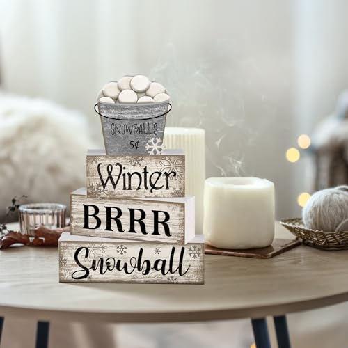 4 Pcs Winter Wooden Block Signs Farmhouse Table Decoration (Snow Bucket)