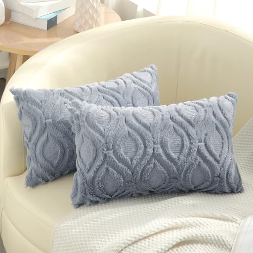 Faux Fur Plush Soft Blue Grey Throw Pillow Covers 12x20 Set of 2 (20" x 12" (Pack of 2) / Blue Grey)