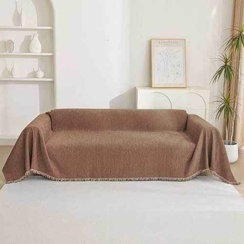 Boho Couch Cover Camel Sofa Covers with White Tassel Farmhouse Sofa Slipcover Simple Couch Protector for Dogs Chenille Sectional Couch Covers L Shaped Couch Cushion Covers (91" x 134" / Tassels Edge-camel)