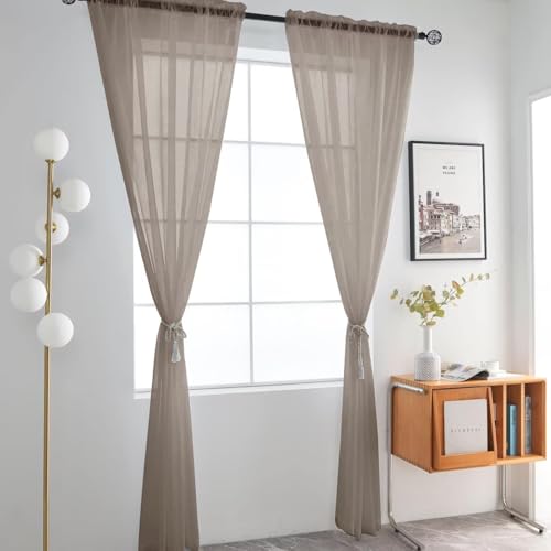 Basic Rod Pocket Sheer Voile Window Curtain Panels Taupe 1 Pair 2 Panels 52 Width 84 Inch Long for Kitchen Bedroom Children Living Room Yard（Taupe (Taupe / 52"W x 84"L (Pack of 2))