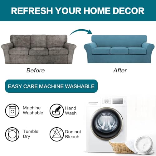 4 Piece Sofa Covers for 3 Cushion Couch Sofa Slipcover Soft Couch Cover for Dogs Washable Furniture Cover with 3 Individual Large Cushion Covers Feature Fabric (L Sofa (3 Cushion) / Storm Blue)