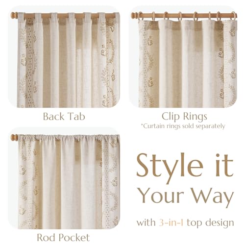 Floral Linen Curtains 84 Inch Farmhouse Back Tab 2 Panels (Beige / 50"W x 84"L (Pack of 2))