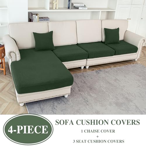 Couch Cushion Covers for Sectional Sofa L Shape Washable Separate Seat Chaise Couch Cover Stretch Sofa Slipcovers with 2 Pcs Pillowcases (Green / Seat Only: 3 Seat + 1 Chaise)