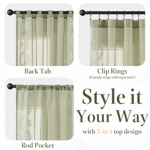 Floral Sheer Curtains (S | Green / 50"W x 63"L (Pack of 2))