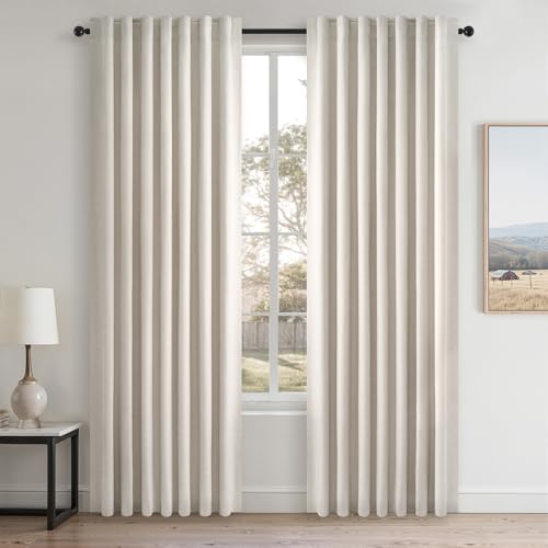 86 Inches Long Linen Blackout Curtains 2 Panels Set for Living Room Cream Birch Linen Texture Modern Farmhouse 100% Black Out Room Darkening Back Tab Rod Pocket (Birch / 52"W x 86"L (Pack of 2))
