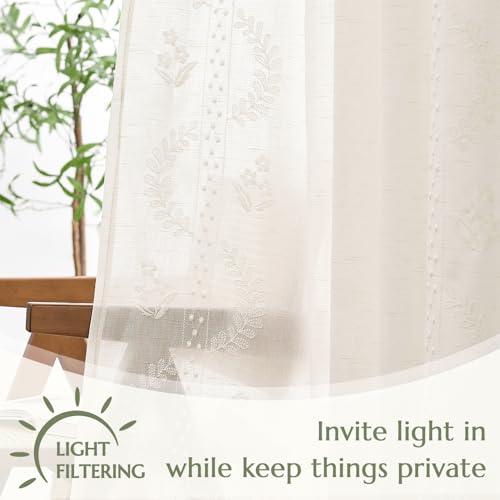 Floral Linen Curtains 96 Inch Farmhouse Back Tab 2 Panels (Off White / 50"W x 96"L (Pack of 2))