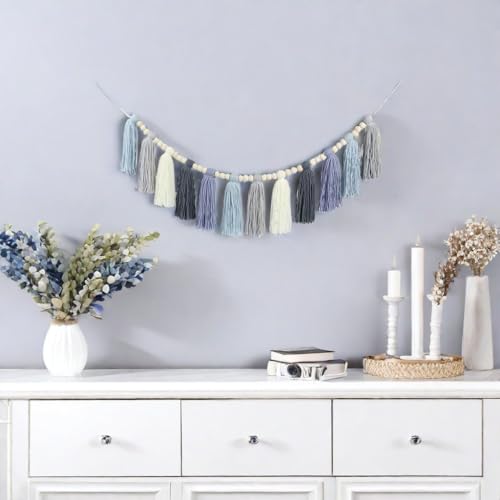 Tassel Garland with Wood Bead Jungle Leaves Garland Banner for Classroom Party Nursery Kids Bedroom Room Wall Birthday Baby Shower Wedding Decor (F)