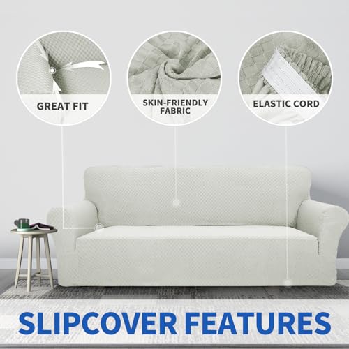 1 Piece Jacquard Couch Covers for 3 Cushion Couch Living Room High Stretch Sofa Cover Pets Dogs Friendly Anti Slip Thickened Slipcovers Furniture Protector (Large (71"-90") / Ivory)