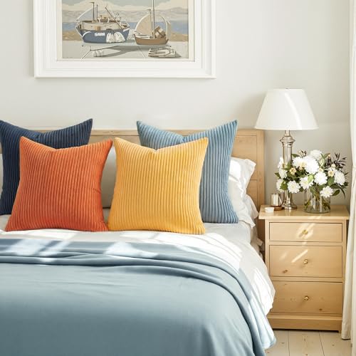 22x22 New Blue and Orange Boho Farmhouse Couch Throw Pillows Decorative Velvet Pillow Covers for Bed Pack of 4 Accent Modern Pillowcase Sofa Livingroom Home Decor (Blue Orange / 22" x 22" (Pack of 4))