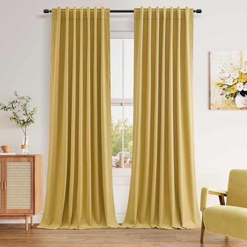 Gold 100% Blackout Linen Curtains 108 Inch Length 2 Panels Set for Living Room Bedroom Back Tab Thermal Insulated 100% Black Out Drapes Room Darkening Farmhouse Style for Bedroom Window Curtains (Gold / 52"W x 108"L (Pack of 2))