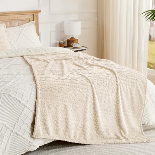 Beige Throw Blanket (Knit Beige / Throw(50x60))