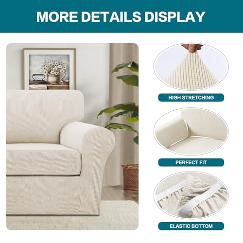 2 Piece Chair Covers Armchair Slipcovers for Living Room Armchair Sofa Cover with Individual Cushion Covers Feature Jacquard Fabric (Armchair (1 Cushion) / Cream)