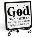 Home Decor Farmhouse Shelf Decor For Living Room (God Is Still(Black-04) / Wooden Sign with Iron Stand)