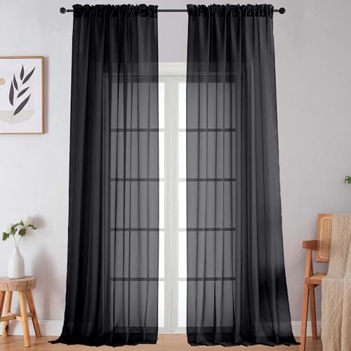 Extra Long Black Sheer Curtains for Bedroom Living Room 108 Inches Long 2 Panels Set (Black / 59"W x 108"L (Pack of 2))