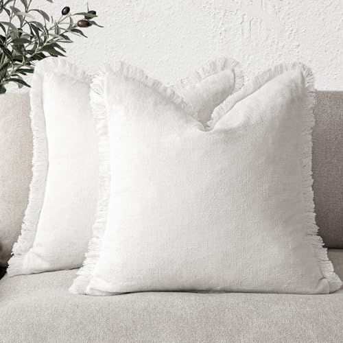 Decorative Linen Fringe Throw Pillow Covers 16×16 Inch (16" x 16" (Pack of 2) / White)