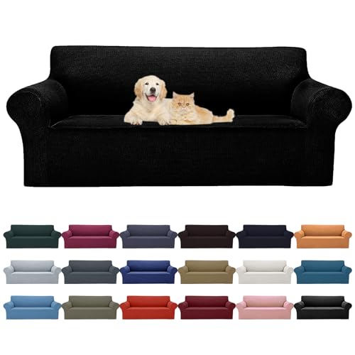 2026 New Stretch Sofa Slipcovers Couch Cover for 3 Cushion Furniture Protector Sofa Covers with Elastic Bottom Jacquard Fabric Small Checks for Pets (Black / Sofa)