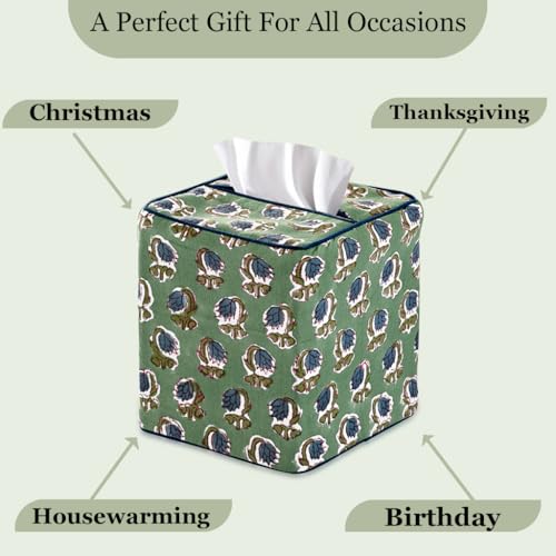 Block Print 100% Cotton Square Tissue Box Cover Basil Green (Basil Green)