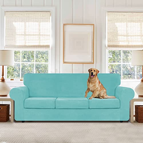 4 Pieces Couch Cover for Sofa Velvet Sofa Covers Washable (Large / Aqua)