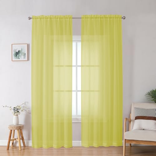 Lemon Sheer Curtains for Bedroom Living Room 90 Inches Long (Lemon Yellow / 42"W x 90"L (Pack of 2))