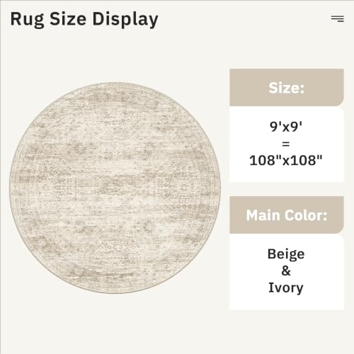 Round Rugs 9ft Living Room Circle Area Rug 9x9 Beige Vintage (Beige / 9' (Round))