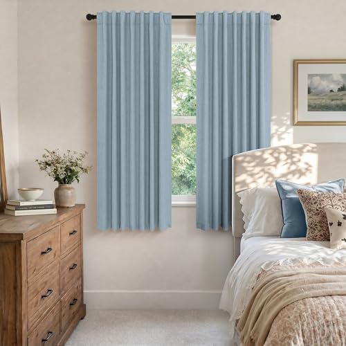 Light Blue Curtains for Bedroom 63 Inch Length 2 Panels Neutral Linen Textured Full Blackout Room Darkening Noise Reducing Curtain for Bay Window Kids Room Boys Nursery Dusty Slate Stone Blue 63 Long (Stone Blue / 52"W x 63"L (Pack of 2))