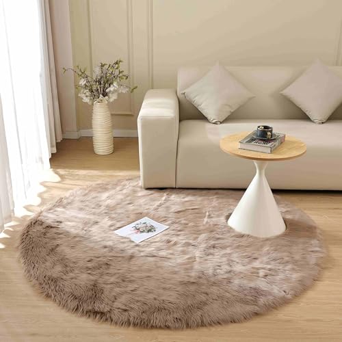Circle Sheepskin Rug 5ft Round Fluffy Fuzzy Furry Carpet for Bedroom Living Room Shaggy Washable Soft (5' (Round) / Beige)