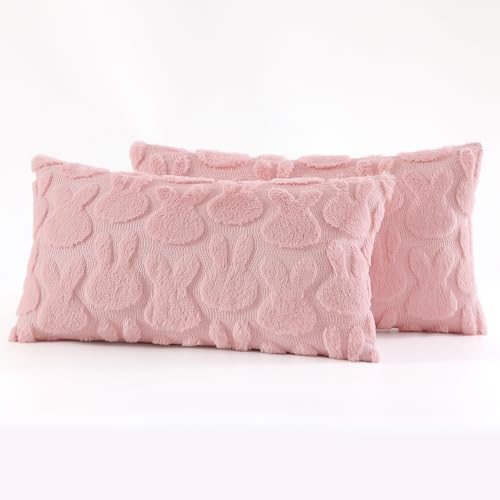 Pink Faux Fur Bunny Throw Pillow Covers 12x20 Set of 2 (20" x 12" (Pack of 2) / Rabbits Pink)