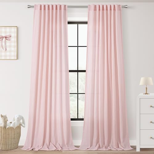 Pink Linen Curtains 84 Inch Length 2 Panels Set for Living Room Light Filtering Semi Sheer Curtains Cherry Blossom Pink Decor Modern Elegant Back Tap Drapes Nersury Bedroom 52ﾗ84 Inch (Pink / 52"W x 84"L (Pack of 2))