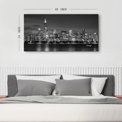 Chicago Skyline Wall Art Black and White City Canvas Prints for Living Room Modern Cityscape Painting Posters Chicago City Center Night View Pictures Aesthetic Artwork for Home Decorations 24x48" (48"L x 24"W / Chicago)