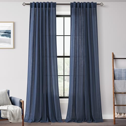 Navy Blue Curtains 102 inch Length for Bedroom Back Tab Light Filtering Semi Sheer Blue Living Room Curtains Linen Cotton Textured Indigo Blue Drapery Panel Modern Aesthetic Decor 42" Wx102" L (Navy Blue / 42"W x 102"L (Pack of 2))