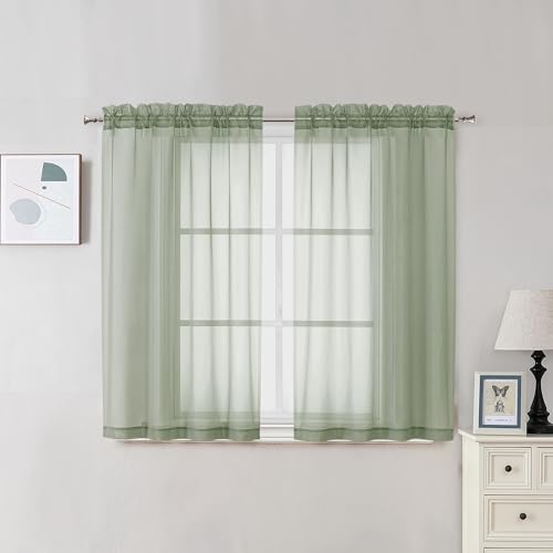 2 Panels Window Sage Green Sheer Curtains 42" x 45" Inches for Small Windows (Sage Green / 42"W x 45"L (Pack of 2))