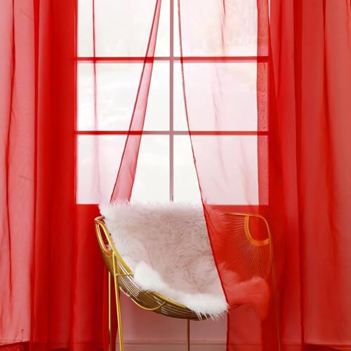 Solid Sheer Rod Pocket Curtain Voile Draperies 2 Panels White Beige Black Grey Coffee 60 Inch Width 108 Inch Long 1 Pair for Kitchen Bedroom Children Living Room Yard (Red / 60"W x 108"L (Pack of 2))