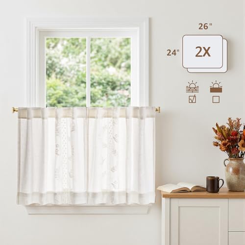 White Floral Linen Kitchen Tier Curtains 24 Inch (A| Off White / 26"W x 24"L (Pack of 2))