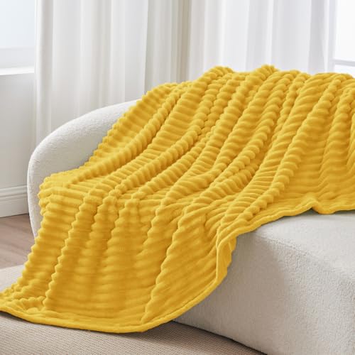Ribbed Fleece Throw Blanket for Couch (Light Yellow / Throw(50"x60"))