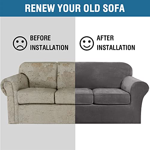 Velvet 4 Piece High Stretch Sofa Slipcover Cover Furniture Protector Form Fit Luxury Thick Velvet Extra Large Sofa Cover for 3 Cushion Couch Width Up to 105 Inch (3 Cushion XL Sofa / Grey)