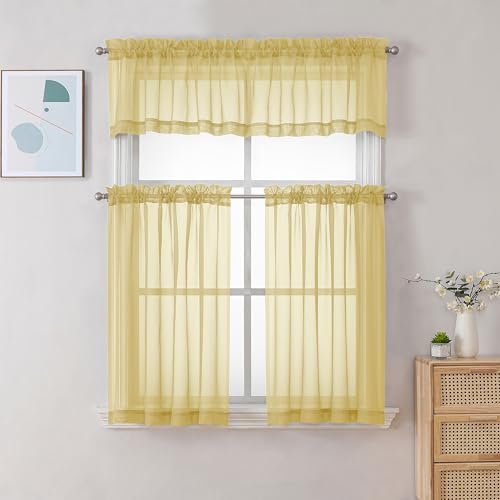 Mustard Yellow Short Sheer Curtains 30 inch Length (Yellow / 42"W x 30"L (Pack of 2))