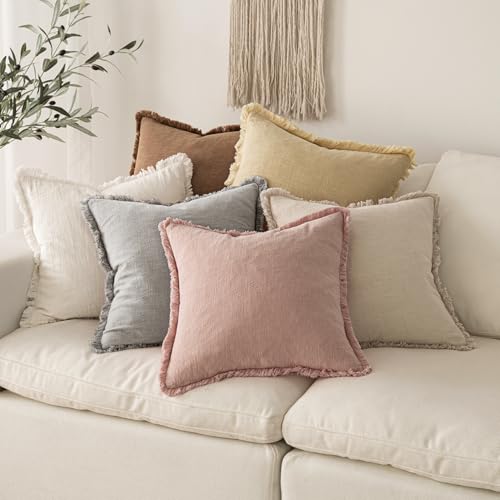 Boho Linen Fringe Decorative Throw Pillow Covers Pink 20x20 (20" x 20" (Pack of 2) / Pink)